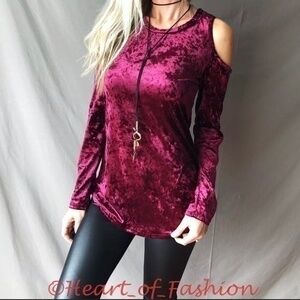 NEW Crush Velvet Cold Shoulder Top Blouse Burgundy